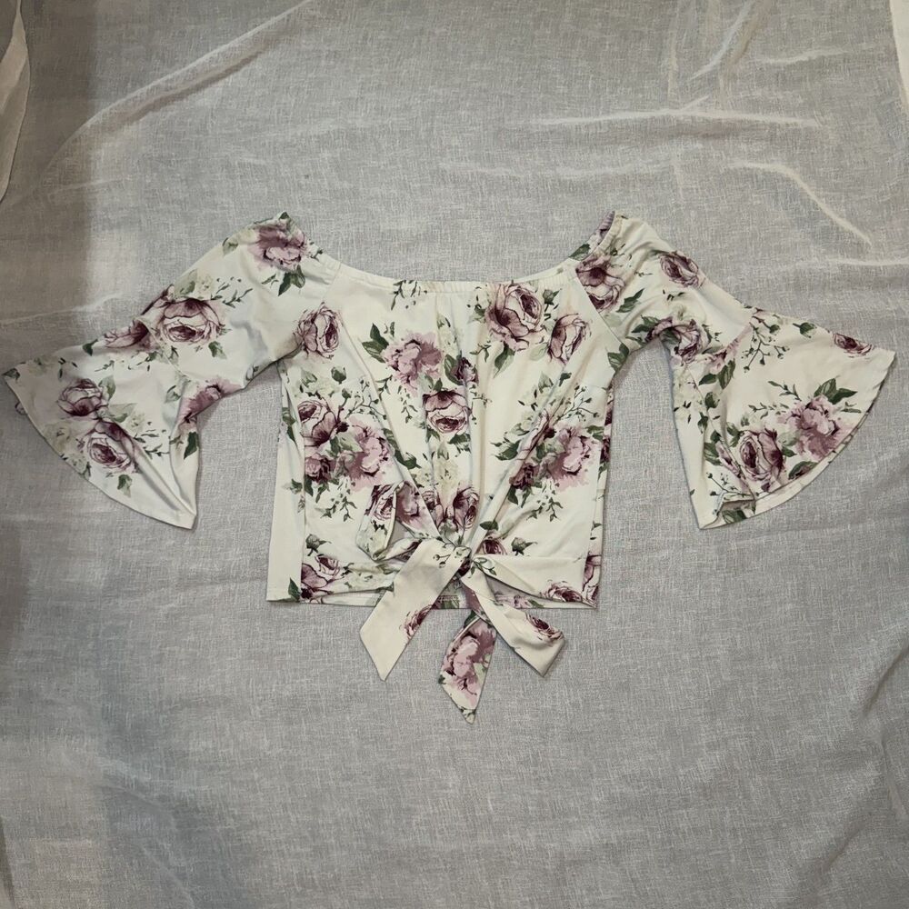 Floral Cold Shoulder Crop Top Bell Sleeve Tie Front Charlotte Russe Large